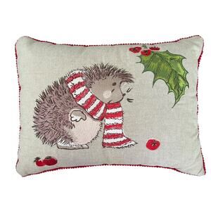Pier 1 Throw Pillow 12 x 15 Hedgehog Holiday Decor Embroidered Beaded Red Border